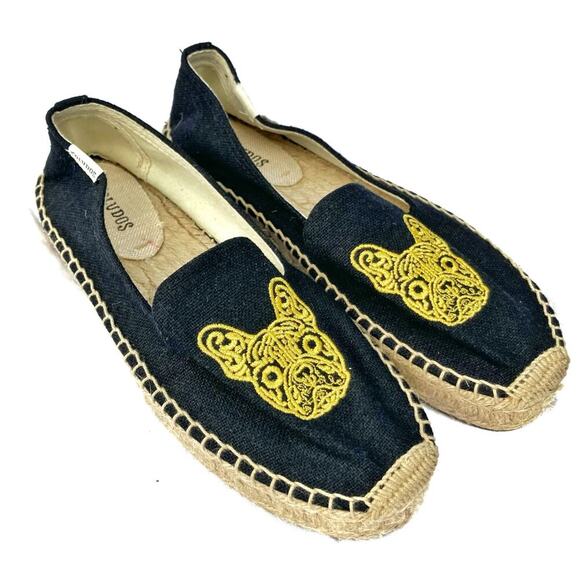 Soludos French Bulldog Embroidered Espadrilles Black Canvas Flats  Summer Vacay - Picture 2 of 16